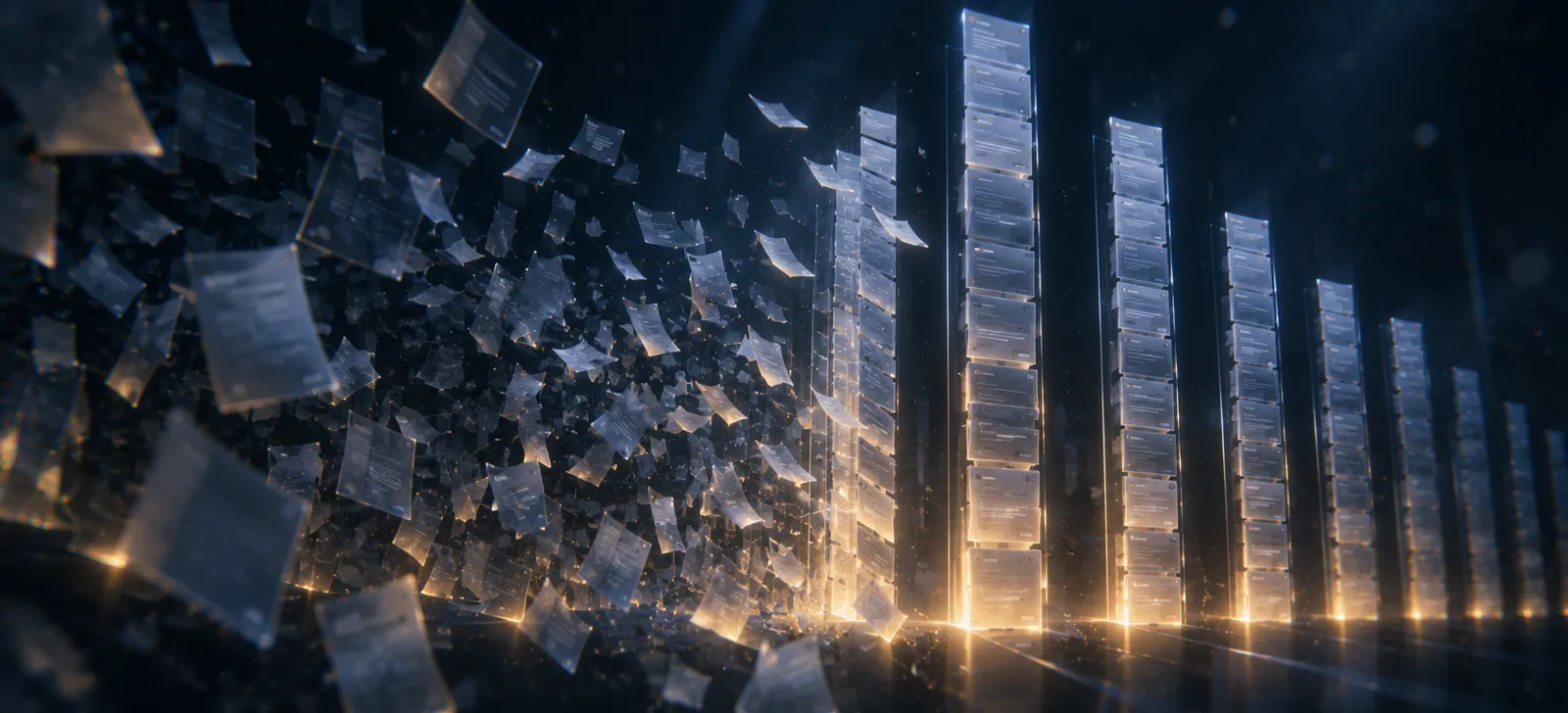 Documents streaming into ordered, lit columns.