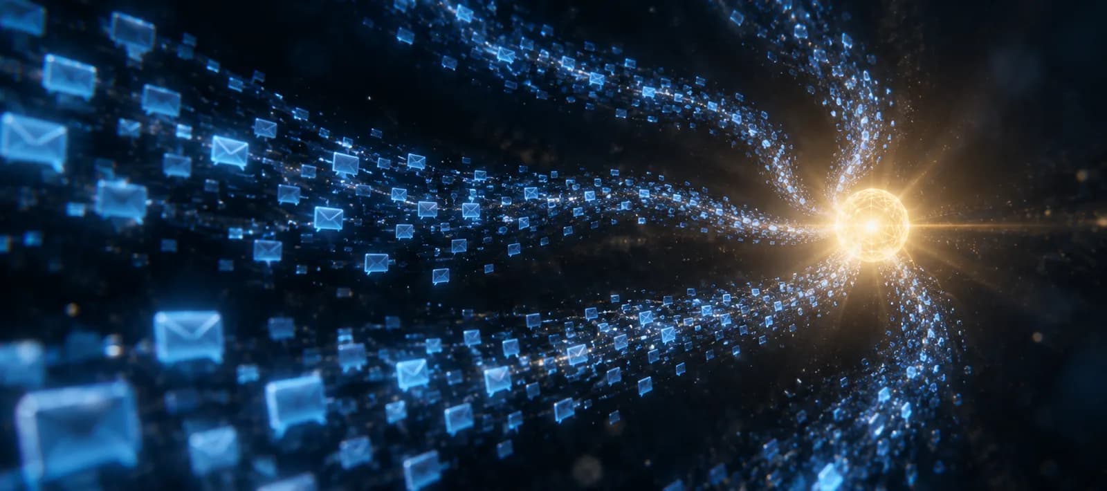 Message icons converging on a single point of light.