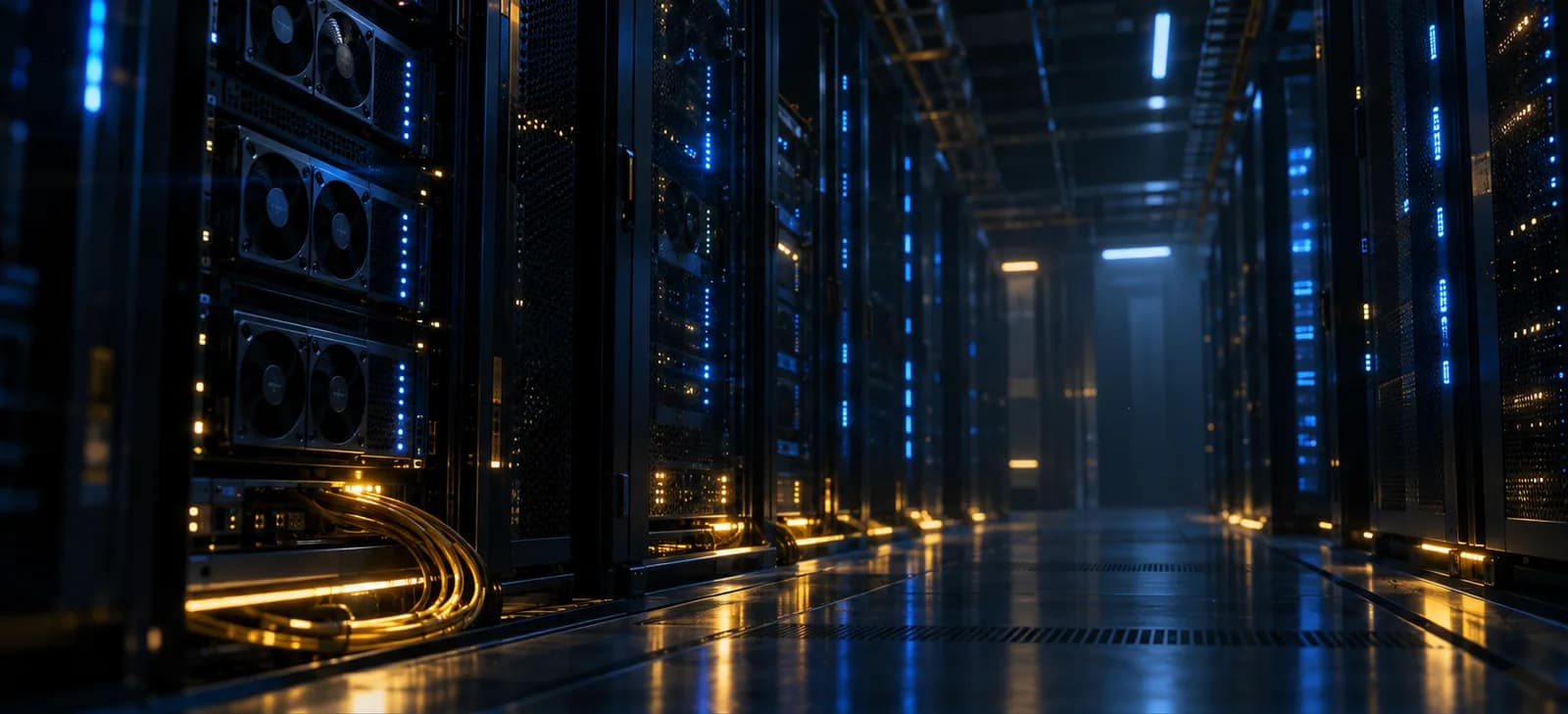 A data-centre aisle lit blue and gold.
