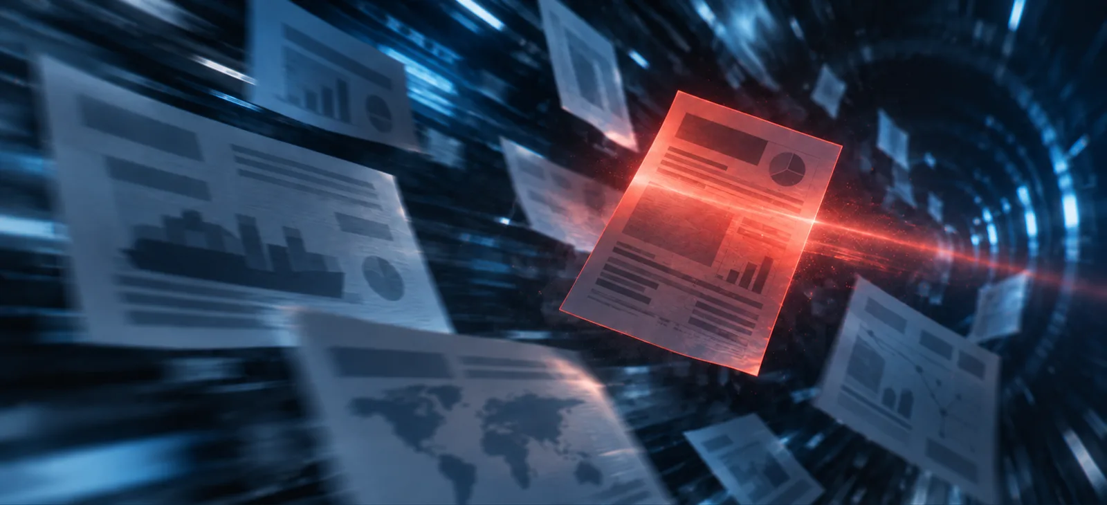 Documents in motion with one flagged in red.